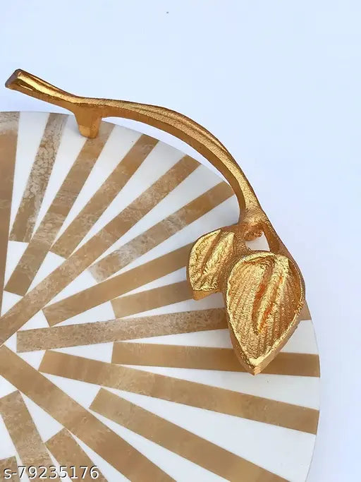 DULI Inlay Work Round Multipurpose Platter/Tray in MDF with Metal Golden Handles| Serving Tray for Home & Dining Table | Multipurpose Tray | Table Top Tray for Fruits (BrownWhiteLines)