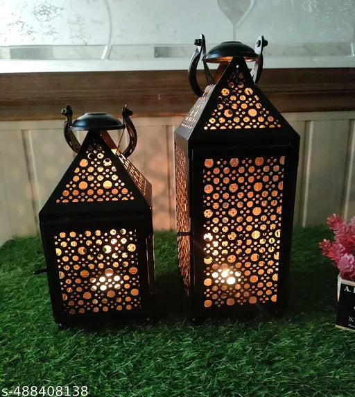 Metal Black & Golden Moroccan Lantern (Set of 2 With Candle) Decorative Candle Hanging Lanterns for Indoor Outdoor Garden Yard Home Decor, Metal with Gold Interior, Decorative Lanterns for Home Decor.