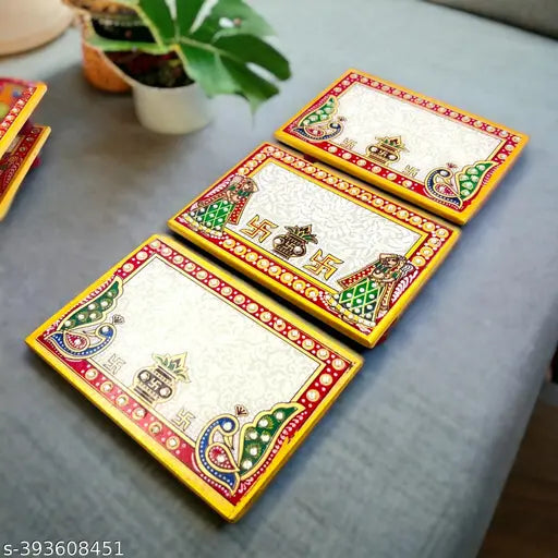 Floral Art Design Marble Pooja Chowki for God | Handcrafted Marble Chowki for Puja Home Mandir, Idols Sitting, Pratima Murti (Pack of 3, Size: 4" x 6" Inch)