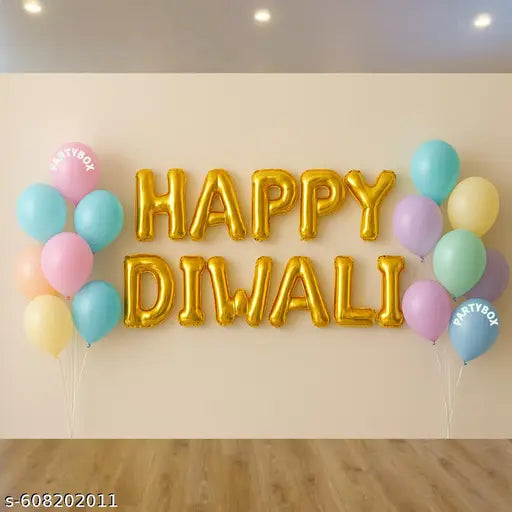 Party Box Happy Diwali for Shubh Labh Modern Diwali Decoration Sale with Golden and Multicolor Balloons Decor Item Kit