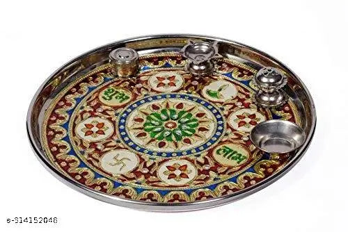 Decorative Pooja thali/Ornate Embellished Pooja Plate/Traditional aarti thali/Decorated Pooja Tray/Indian Pooja thali with diyas/Puja thali Set with Incense Holder (10 inch)