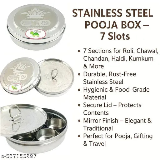 Chef Turtles Stainless Steel Round Pooja Box 7 Containers for Roli, Chawal, Chandan, Kumkum, Haldi, Sindoor & Turmeric | Small Steel Pooja Dabbi Dibbi Dhani | Puja Samagri Box 4.5inches.