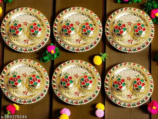Kumkum Thali with Trendy & Eye-Catching Design | Kankavati | Golden Kankavati | Puja Products | Puja Thali | Kum Kum | Pack Of 6 Piece |