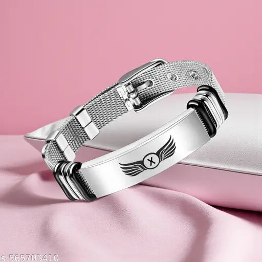 The Men Gift  Personalized Initial “X” Winged Charm Bracelet for Men – Stylish Stainless Steel Mesh Strap Bracelet – Adjustable Engraved Bracelet for Bikers, Riders & Trendsetters ShivBr2025582