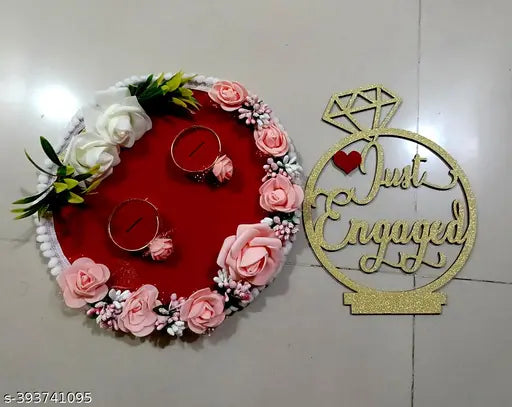 Handmade Classic Engagement Ring Platter with Flower Decoration (8x8x8 Inches) | Wooden Ring Holder Tray | Wooden Ring Holder with Flowers | Ring Platter | Ring Tray | Engagement Ring Holder