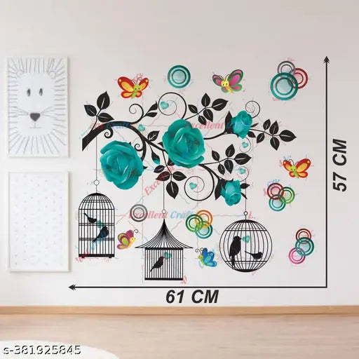 Delight Art  Rose and Hanging Cages With Butterflies Wall Sticker Size - ( 61*57 ) cm