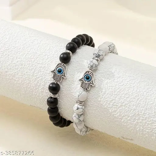 Thrillz Couple Bracelets Black & White Onyx Evil Eye Stretchable Wrist Band Bracelet For Women Men Boys Girls Love Gifts Friendship Promise Bracelets