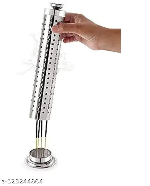 Stainless Steel Agarbatti Stand with Ash Catcher & Dhoop Stand Holder | Incense Stick Holder for Pooja, Home, Office & Temple Incense Storage Box  or Storage Pipe with Combo of Stainless Steel Incense Holder or Stick Holder or Incense Stick Stand.
