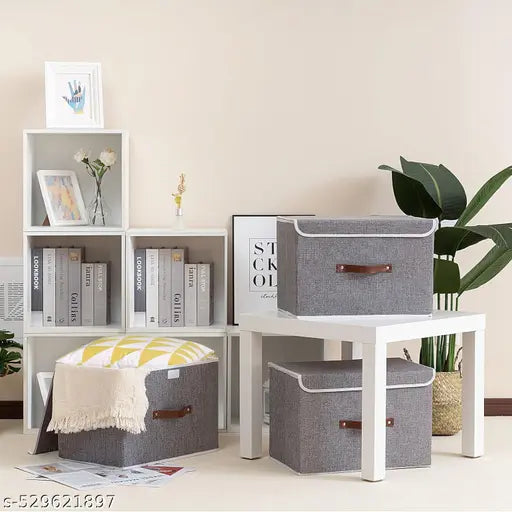 Non Woven Small and Large Foldable and Collapsible Storage Box Wardrobe Closet Organizer Stackable Basket/Bins with Lid Handle for Clothes | Toys | Books (Dark Grey, Combo of 2)