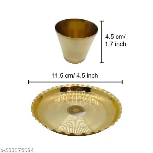 Traditional Brass Pooja Thali and Glass Set, Pack of 8 (Golden)