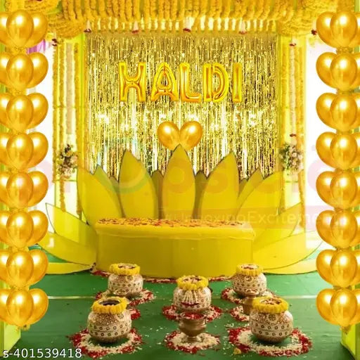 PartyBooms Haldi Foil Banner, 2 Gold Curtians, 50 pcs Gold Metalic Balloons - Pack of 53