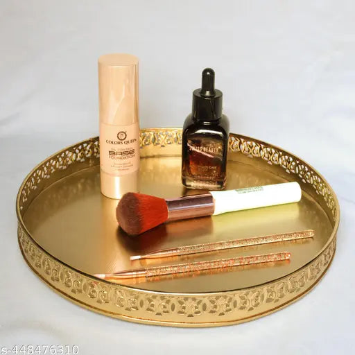 Gold Plated Round Decorative Metal Vanity Tray for Weeding and Diwali Pooja Gifting Trays 10" Dia