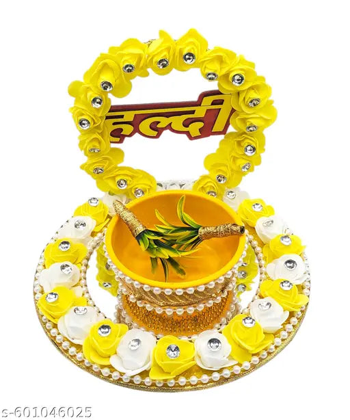 Haldi Ceremony Decorative Platter | Wedding Haldi Plate with Artificial Flowers & Bowl | Decorative Tray