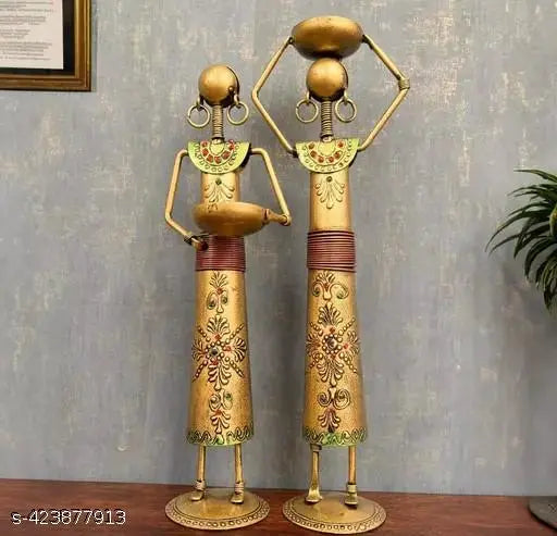 BALAJI INC. Metal Wrought Iron showpieces of Tribal Lady/Ladies Doll Figurine Statue in Golden Decorative Items | Show Pieces for Home Decor Stylish Living Room Tea Light Stand (Set Of 2)
