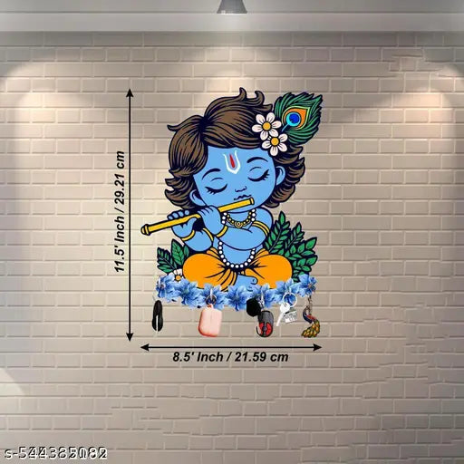 Hivyansh Little Krishna Wooden Wall Key Holder, Key Hanger for Living Room | Home Decor | Office Gift Items - 11.5' x 5.5' Inch Multi, (Pack of 1)