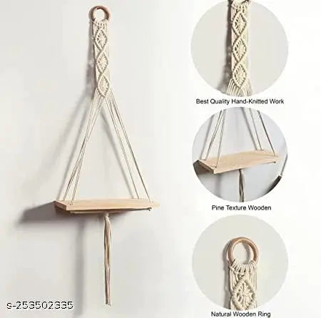 navratri decoration  and Diwali decoration  Macrame Wall Hanging Shelf Cotton Rope Natural Pine Wood Swing Triangle Floating Shelf Shelves  Modern Decor for Living Room Office Festive Toran Bedroom (Pack OF 2, WHITE)