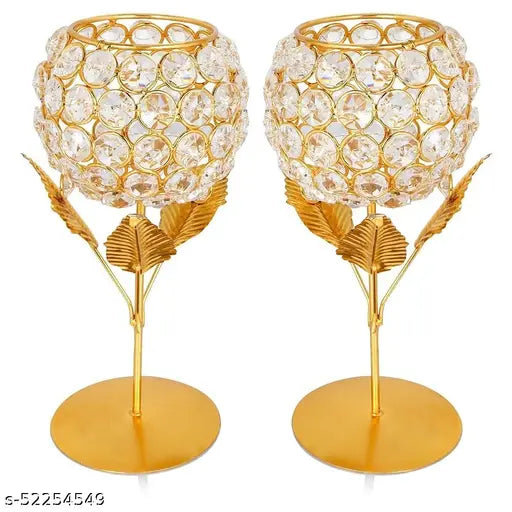GnS Crystal Designer Tealight Holder Set | Candle holder Stand | Diya for Diwali/home decoration (Gold, Pack of 2) (20x10x10cm)