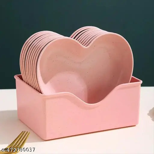 Simois Fancy Wheat Fiber Heart Shaped Dinner Plates, Heart Plates for Salad, Dessert, Snack, Cake, Fruit, Steak, Household Seasoning Dish Dinner Plates for Kitchen, Party, Microwave & Oven Safe- (Set Of 10, Pink )