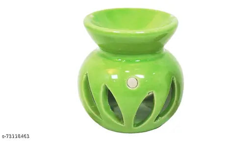 Aroma Ceramic Burner T-Light Candle Green Diffuser Pot for Home with 2 Tea Light Candle and 1 Aroma Oil- Fresh Lime 10ml