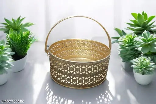 Pluxhomo Flower Basket | Pooja Basket with Handle | Dolchi Basket for Puja Brass Traditional Round Shape Pooja Basket/Pooja Dalia (8 Inch X 3.5inch)