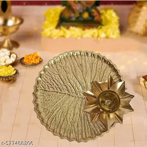 Crinikle Metal Lotus Rakhi Tray with Brass Diya for Puja Home Decor || Round Aarti Pooja Thali for Temple, Diwali, Festival || Gold