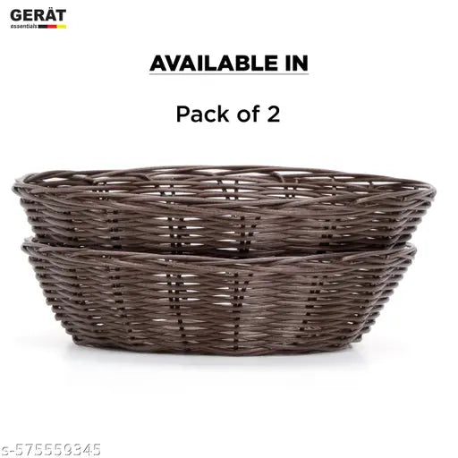 GERAT Pack of 2 Round Storage Basket | Durable Plastic with Woven Perforated Design | Multipurpose Organizer for Fruits, Vegetables, Bread, Napkins & More – (Dark Brown)