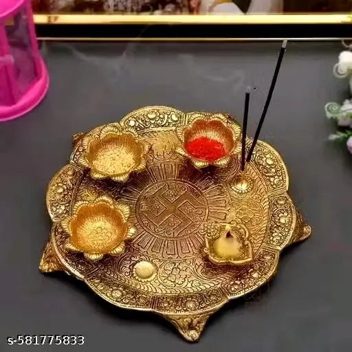 Big Size - Antique Gold Plated Pooja Thali Set ,Kumkum, Rice & Diya Holders