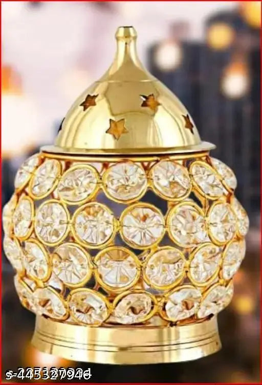 khand Diya Decorative Brass Oil Lamp, Tea Light Holder Lantern Oval Shape Diwali Gifts Home Decor Puja Lamp Akhand Diya | Oil Lamp Made of Brass & Crystals .