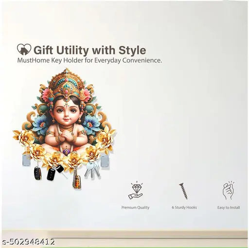 Kalasagar Premium Little Krishna Wooden Wall Key Holder, Key Hanger for Living Room | Home Decor | Office Gift Items - 11.5' x 9' Inch Multi, (Pack of 1)