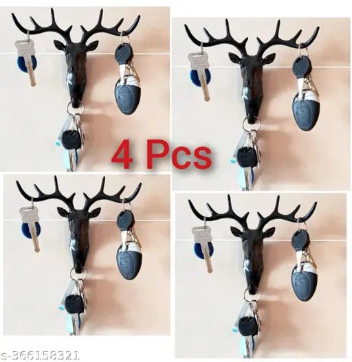 Combo Pack Attractive Plastic Deer Head Hanging Hook For Decoration, Home, Office-Black(4 Pcs)