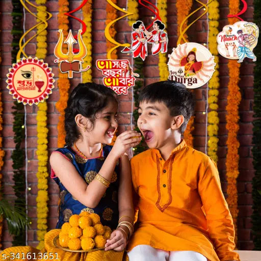 Zyozi Durga Puja Theme Hanging Swirls - Durga Puja Hanging Swirls for Celebrations/Decoration for Durga Puja Backdrop Items (Pack Of 6)