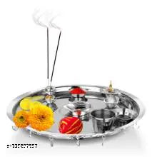 NSVL Stainless Steel Pooja Thali Set for Festival/Wedding 1 Pc Diva, Agarbatti Incense Holder, Kumkum Wati and 2 Pcs Wati