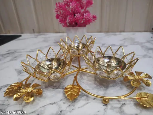 Brass Crystals Diya Tree 3 Aarti Akhand Diya Deepak, Oil lamp Table Diya Set for Lakshmi Puja, Home Decor, Mandir, Festival Gift | Height: 8 inches | (Piece 1) Golden Colour