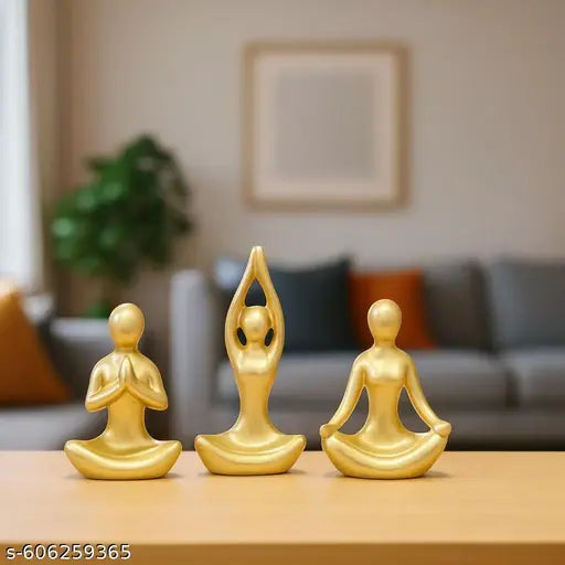 "Golden Yoga Figurine Set of 3 | Meditating & Yoga Pose Showpiece | Home Décor & Gift Item"