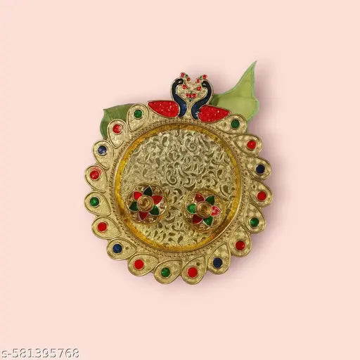 Designer Pooja Thali for Janmashtami | Peacock Motif with Gemstone Work | Decorative Aarti Plate for Temple, Puja & Festivals – 16 cm