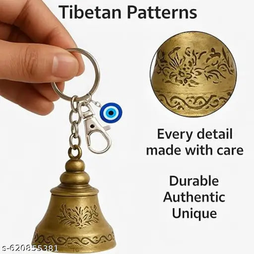 Guardian Bell Keychain for Bike & Car | Tibetan Texture Bell with Evil Eye & Silver Hook | Good Luck Protection Charm Keychain