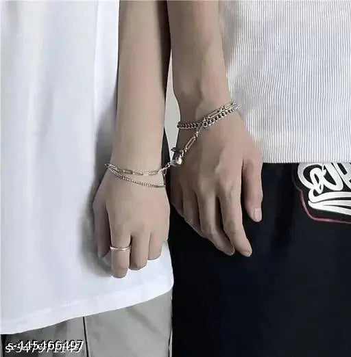 Stainless Steel SILVER Chain HEART MAGNETIC COUPLE BRACELET