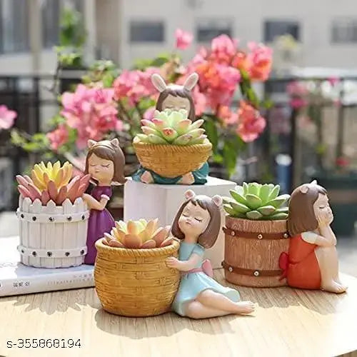 "MORATER" Cute Beautiful Combo Pack of 4 Girls Succulent Planter Pots Resin Creative Flowerpot Plant Pots Planter Container for Home Garden Office Desktop Decoration - Multi (Pack of 4)
