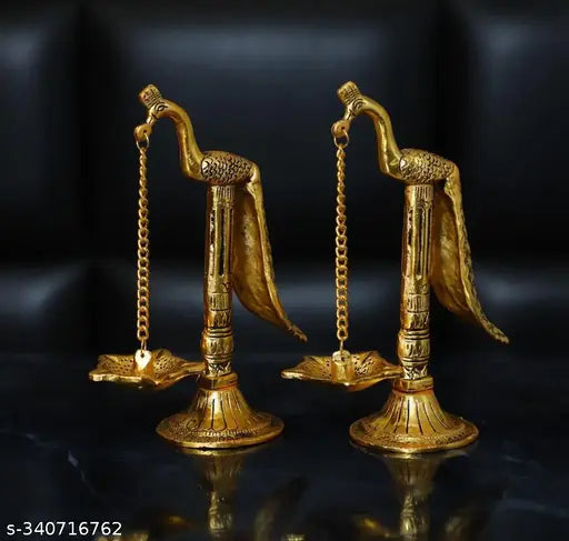 Peacock Design Metal Hanging with Chain Diya Pair of Peacock Aluminium (Pack of 2) Hanging Diya Set