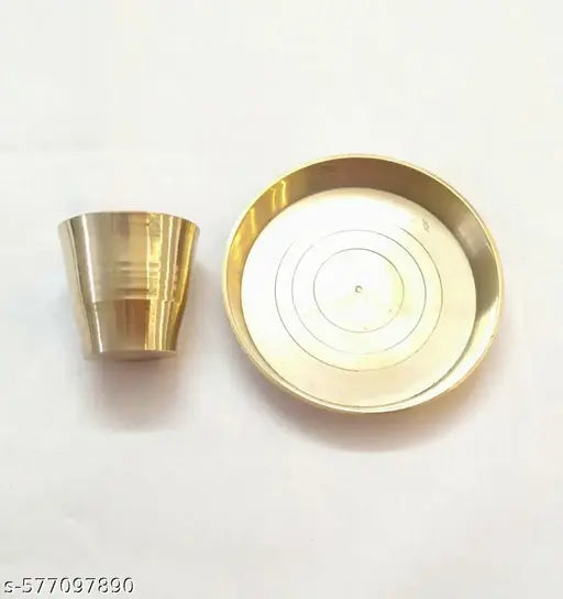 Leepax Brass Pooja Thali and glass Set | Brass Pooja Traditional Bhog Arti Design Thali & Glass /Bhog Bartan/Prasad Bartan Small Utensils Set of 2 Pcs Plate and Glass Ideal for Home, Office, and Temple