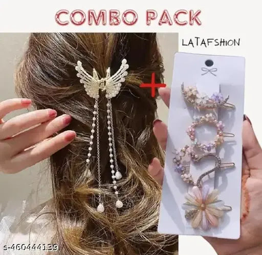 Combo Offer metal pearl claw clip and Pearl Resin Acrylic Hair Clips pack of 5 Cream color Metal Juttu clipu / Jada Clipu/Juttu Kliplu / Jada Klipu/Juttu pinu / Jada Pinu/Jada Billa/Muti kilippukal& Muti pinkal//mudi clippukalum mudi pinnukalum/Hair klip‌