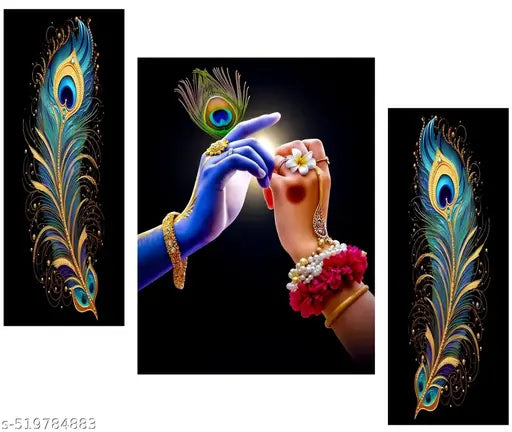BA Radha Krishna Ji UV Textured Wall Art | Set of 3 Self-Adhesive Decorative Paintings (18 x 12 Inch) | Spiritual Home Decor – Unframed (BA SBJM-152)
