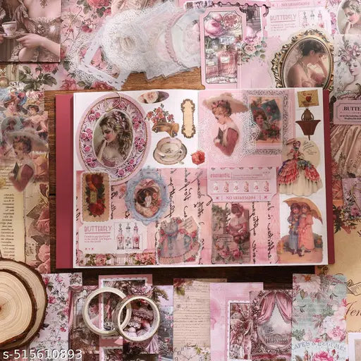 346PCS Vintage Scrapbook Kit Aesthetic Junk Journal Set with Stickers, Washi Tape & A6 Notebook with Decorative Paper Stationery (Retro Queen Pink)
