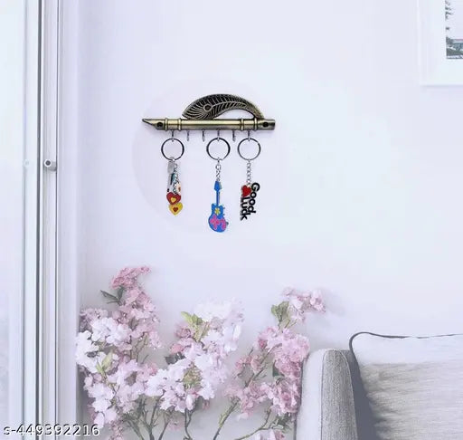 Zurient Zinc Lord Krishna's Flute & Peacock Quills Key Stand, Key Holder, Wall Mounted Key Holder, 6 Pin Wall Key Hanging Hooks, Key Hanger, Key Utilities Organizer for Home and Office, Brass