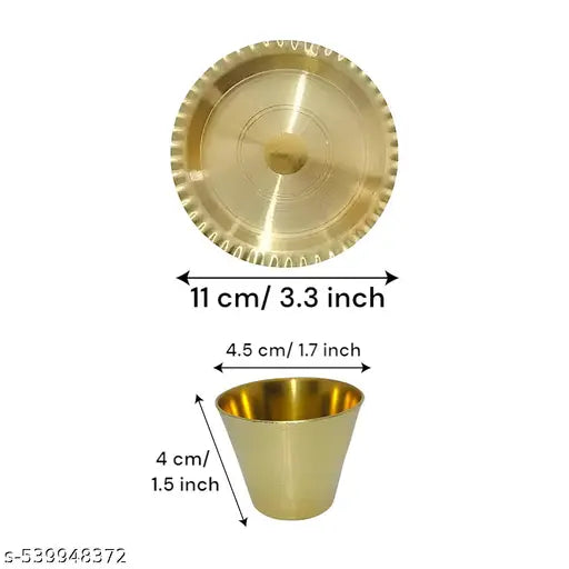 Pure Brass Small Thali With Glass for Puja Room, Shop, Temple - 8 Pcs Set