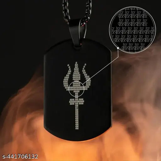 Lord Shiva Trishul Micro-Carved Pendant Necklace | Black Stainless Steel Trident Locket with Om Symbol | Unisex Spiritual Jewelry