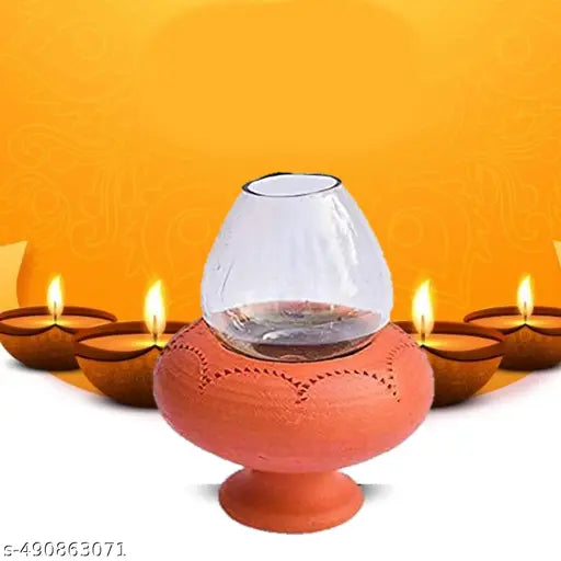 EARTHERNWARE DIYAS WITH LID ,CLAY AGAL VILAKU CHIMMEY SIZE LAMP SAVE IT FROM AIR NATURAL TERRACOTTA CLAY OIL LAMP TERRACOTTA ANAIYA VILAKKU ,OIL LAMP WITH GLASS COVERED  (PACK OF 2)