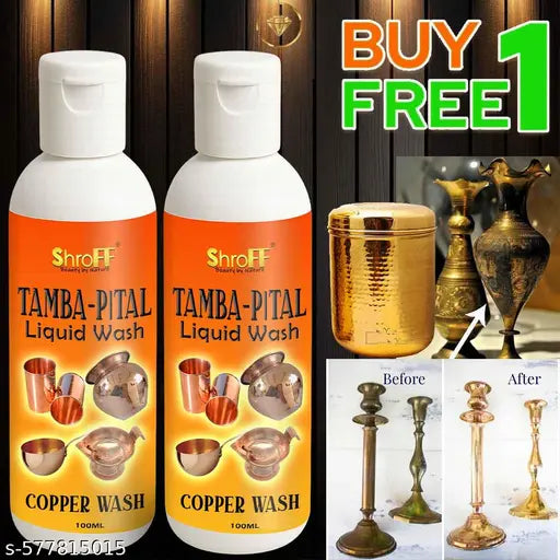 Pitambari Liquid Copper Brass Cleaner – Shining Powder & Cleaning Liquid for Utensils, Pooja Items, Metal Shiner & Dishwasher for Copper & Aluminum 100 ml+100 ml