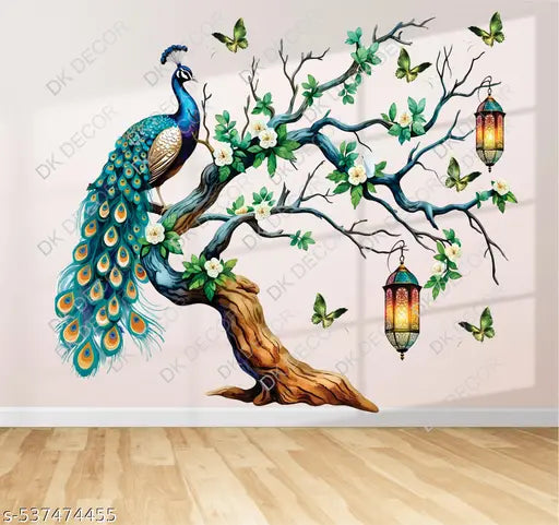 WINNING CRAFT  Peacock Wall Sticker Home Decoration | Colorful Peacock Decal Living Room | Elegant Wall Art Sticker Hanging Lanterns