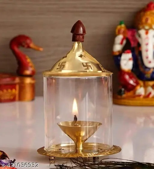 Golden Akhand deep Diya WIth Cover high quality Brass, Glass Table Diya